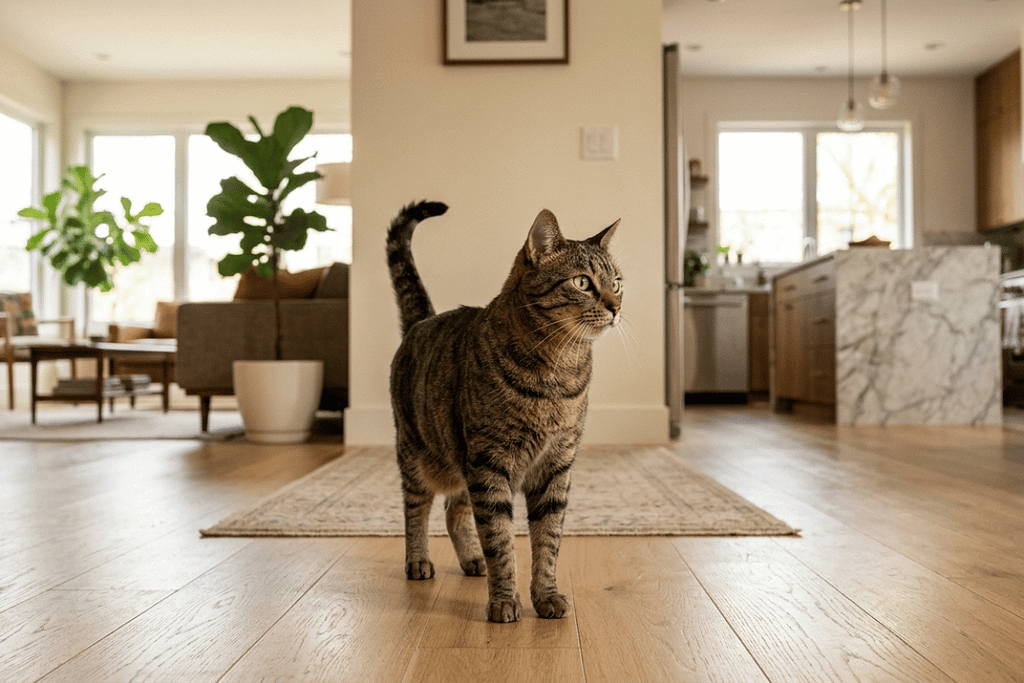 Domestic cat alert and observing different areas of the home, demonstrating territorial instincts in cats and environmental monitoring.