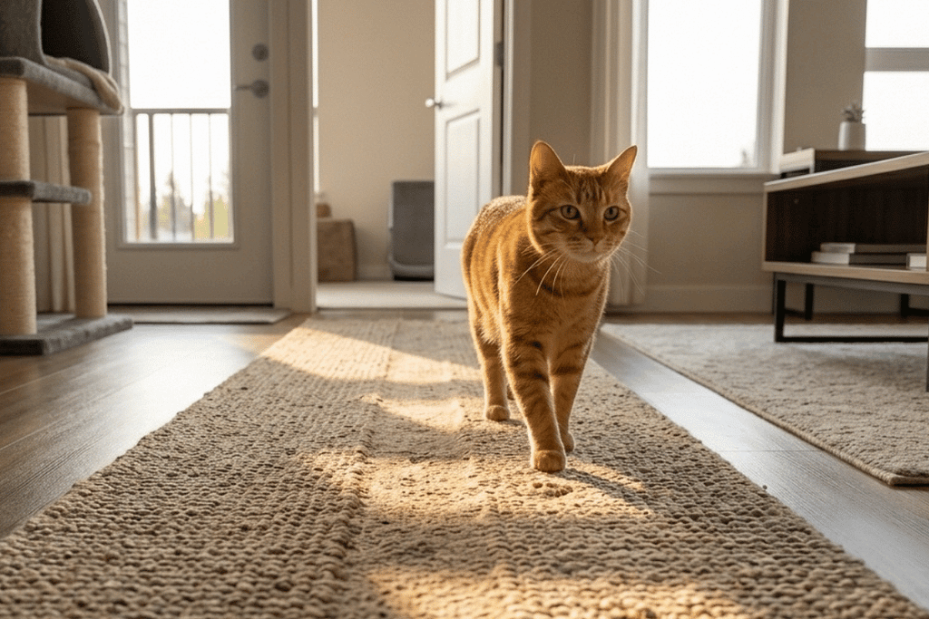 Indoor cat walking along familiar cat territorial routes, moving confidently between rooms in a structured home environment.