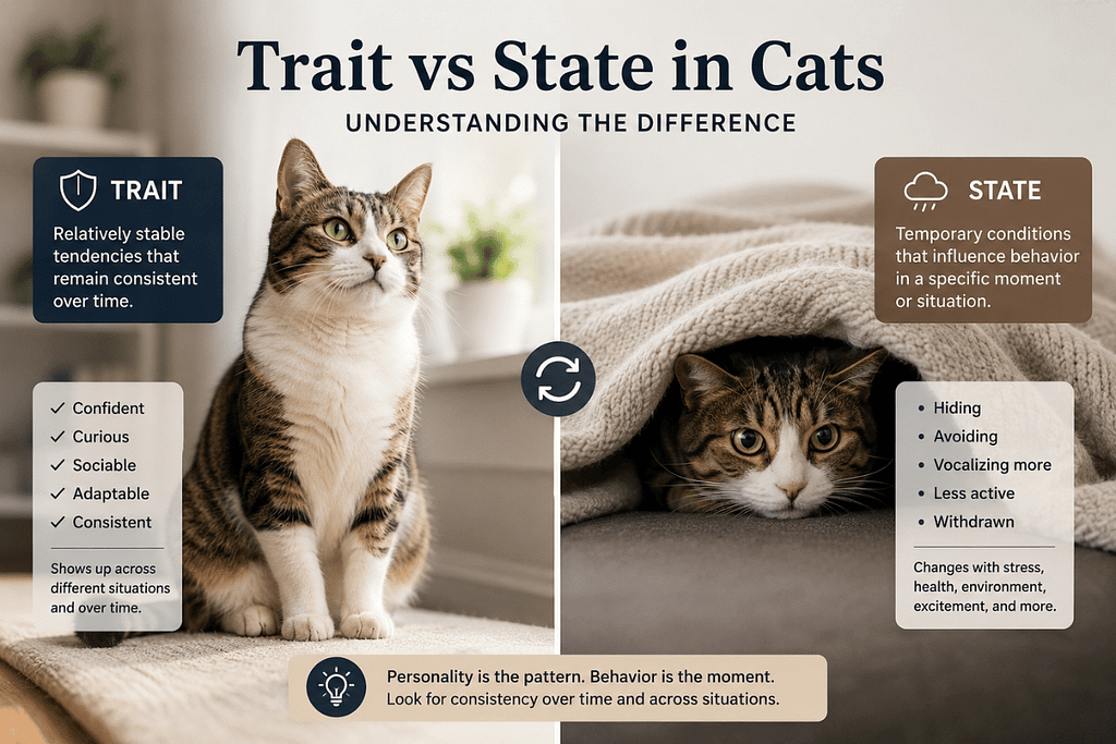 Infographic illustrating cat personality change, showing the same cat behaving differently in familiar and stressful environments while maintaining the same underlying personality traits.