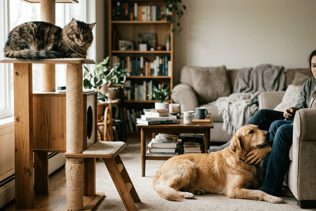 Cat and dog displaying different social behaviors indoors, illustrating how feline domestication differs from canine domestication.