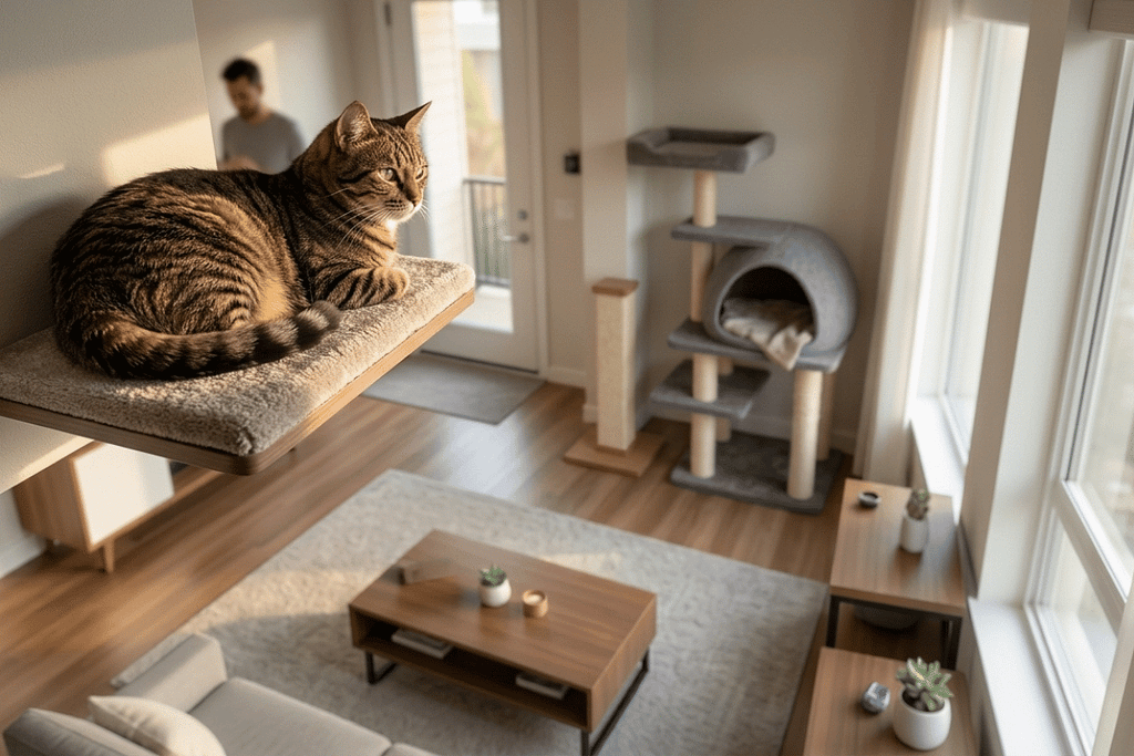 Cat resting on a high shelf while observing the room below, illustrating why cats need vertical space for security and awareness.