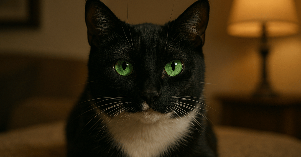 Cat healing energy: a black cat with green eyes radiating cat energy