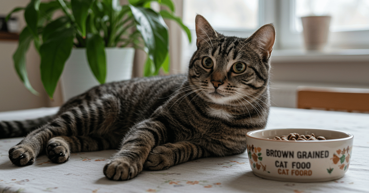 Tabby cat lying beside a bowl of cat food, illustrating the concept of ultimate cat nutrition.