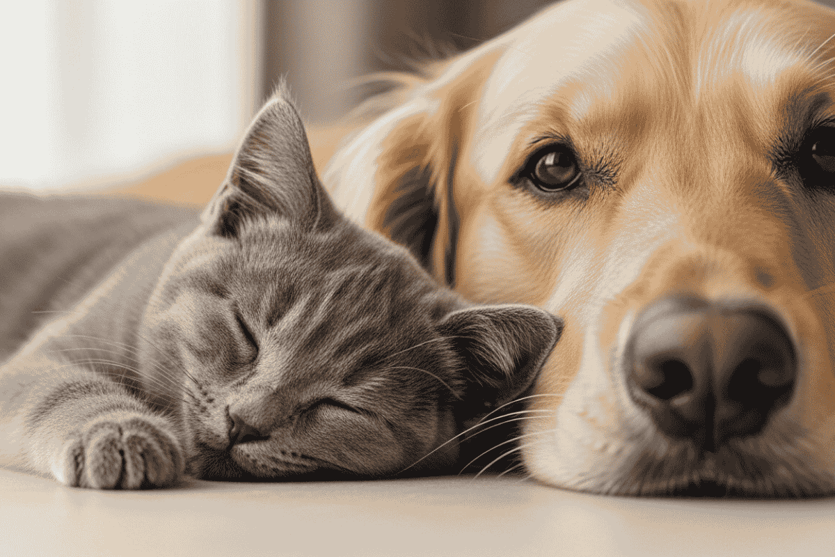 Cat and dog resting peacefully together, illustrating successful cat adaptation to new pets.