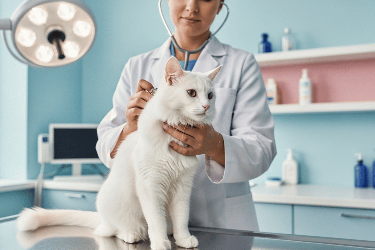 cat health checkups: a beautiful white Angora cat with silky fur being gently examined by a veterinarian in a modern clinic.