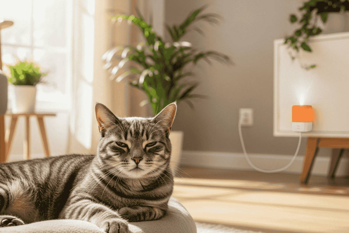 cat pheromones stress reduction: a calm domestic cat in a peaceful home environment with a pheromone diffuser visible in the bachground.