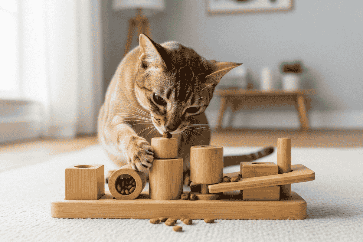 Indoor cat interacting with a food puzzle toy as part of Enrichment Activities for Cats, shown in a clean, modern room with soft light and a calm atmosphere”