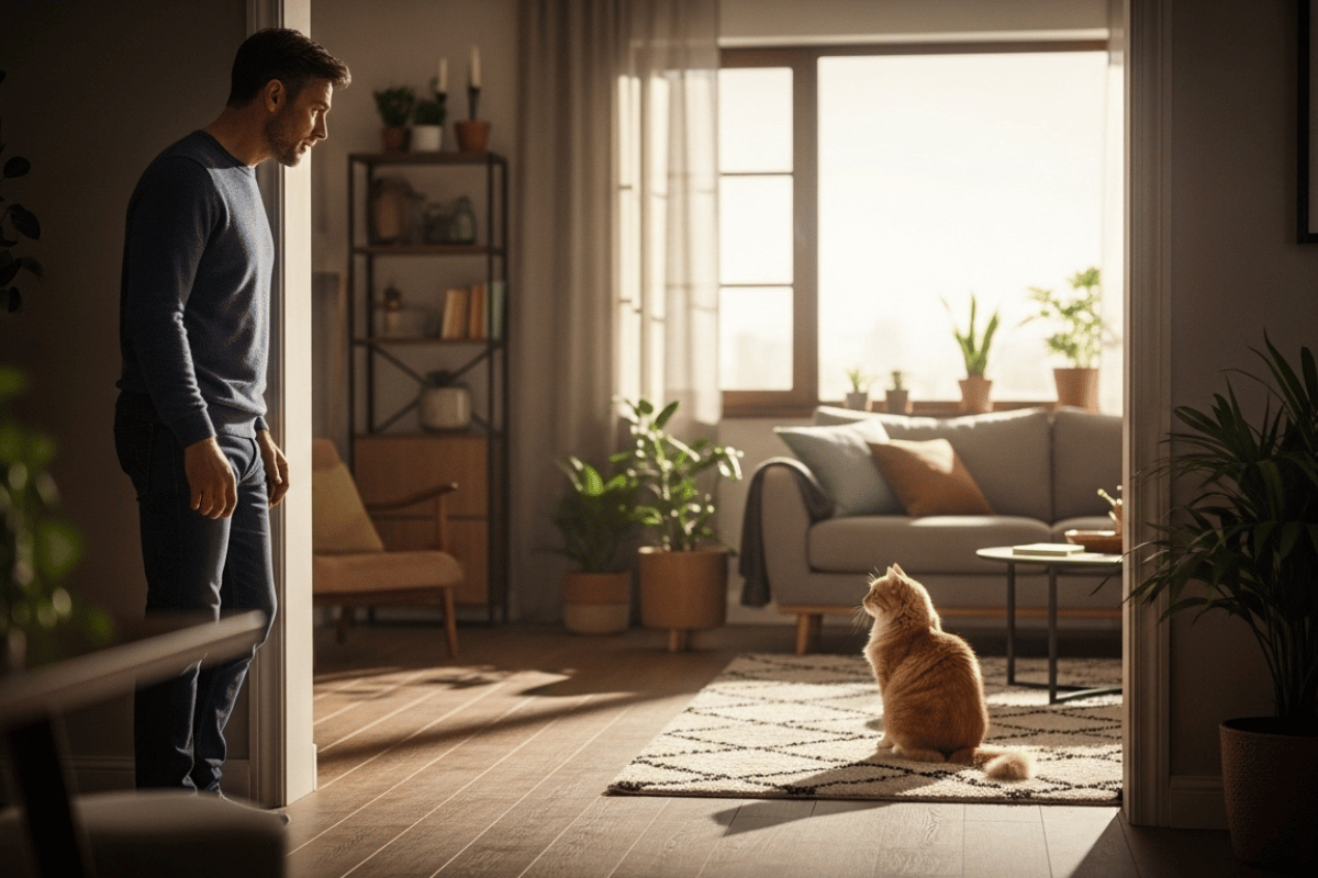 Man observing his cat in a calm sunlit living room, illustrating a moment of connection that helps decode cat behavior baseline