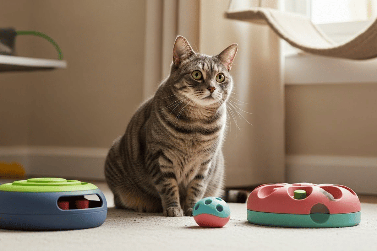 A relaxed senior ginger cat lying on a soft rug beside a simple puzzle feeder in warm natural light, illustrating senior cat mental enrichment in a calm home environment.