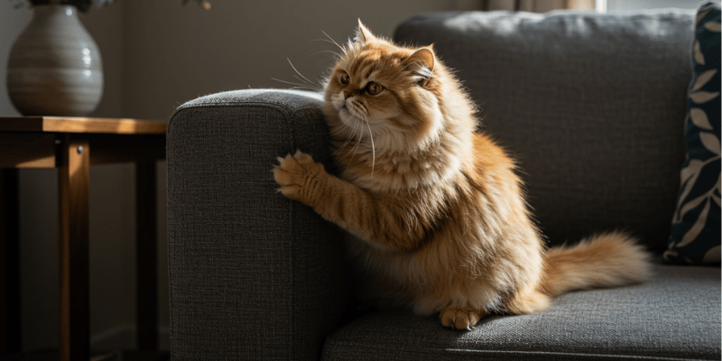 Fluffy orange cat scratching a gray sofa at home, illustrating the need for a cat scratching solution that protects furniture and keeps cats happy
