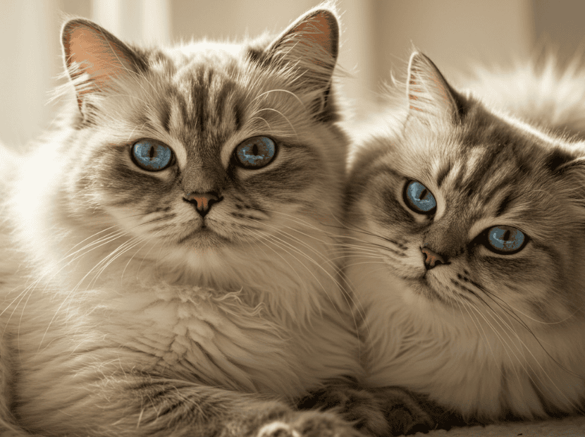 Long-haired cats grooming: two fluffy long-haired cats with bright blue eyes resting closely together, showing their well-kept, soft coats.