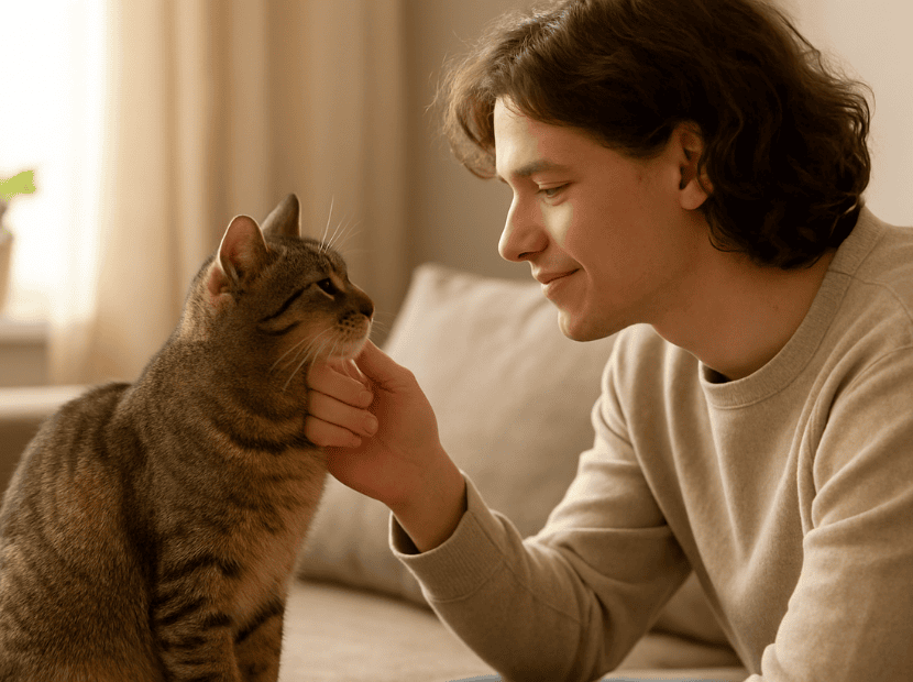 How to bond with your cat: a cat calm and relaxed, looking at the humanan with trust, shows how to strengthen the bond with your cat