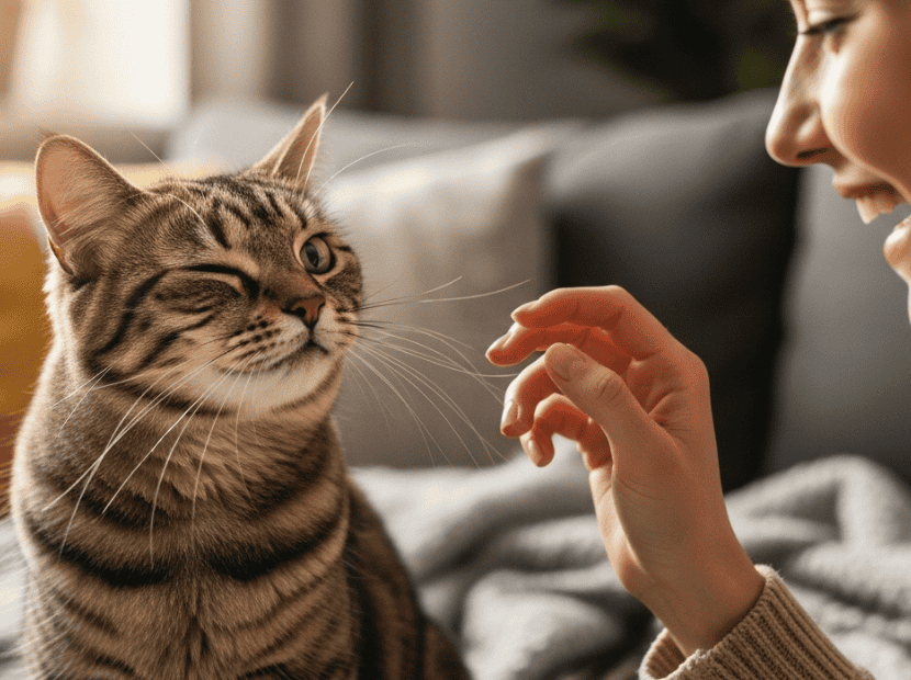 “Cat softly slow-blinking at a smiling woman while being gently petted, showing calm affection and trust.”